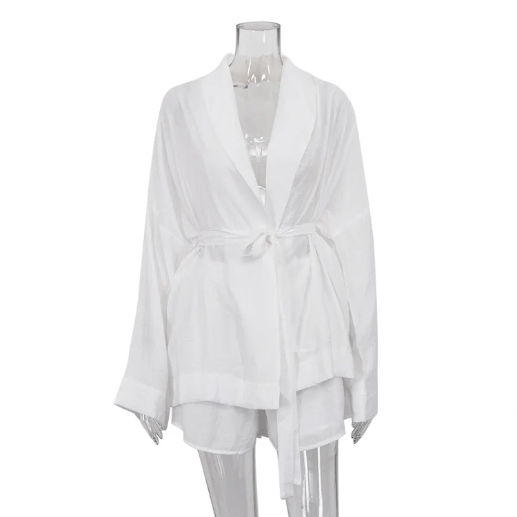 White Lace-Up 2 Piece-Set Shorts For Women Casual Loose Bandage Cardigan Coat And High Waist Shorts Sets Female Outfits