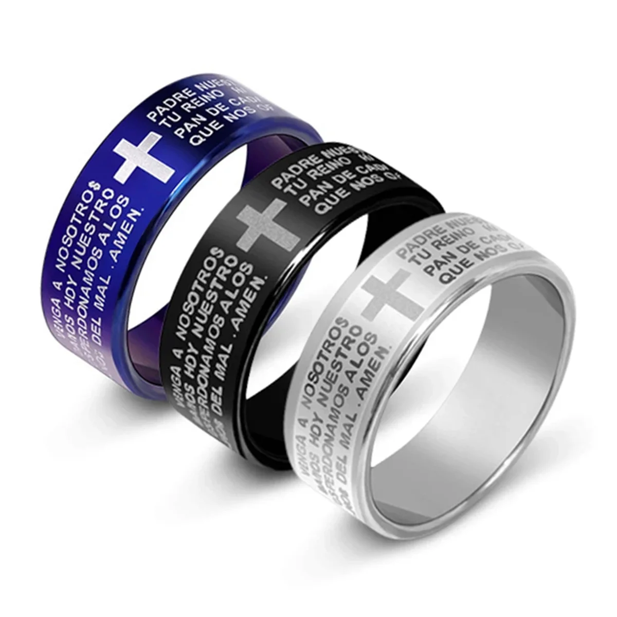 Stainless Steel Ring Spanish Bible Prayer Jesus Cross Men Women Birthday Gifts