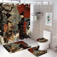 Graceful Japanese Geisha Serenity Bathroom Set - Waterproof Shower Curtain, Toilet Lid Cover, Bath Mat, and Contour Mat 1