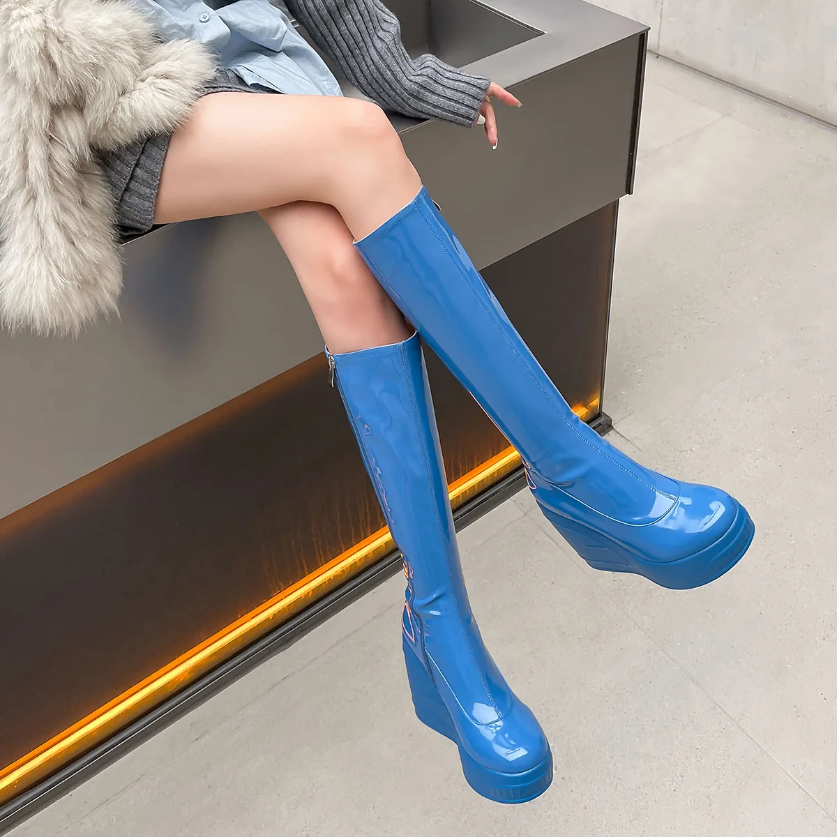 

Sexy Skintight Women's Knee High Boots Round Toe Female Wedges Heel Platform Side Zipper Black White Blue Long Boots Shoes