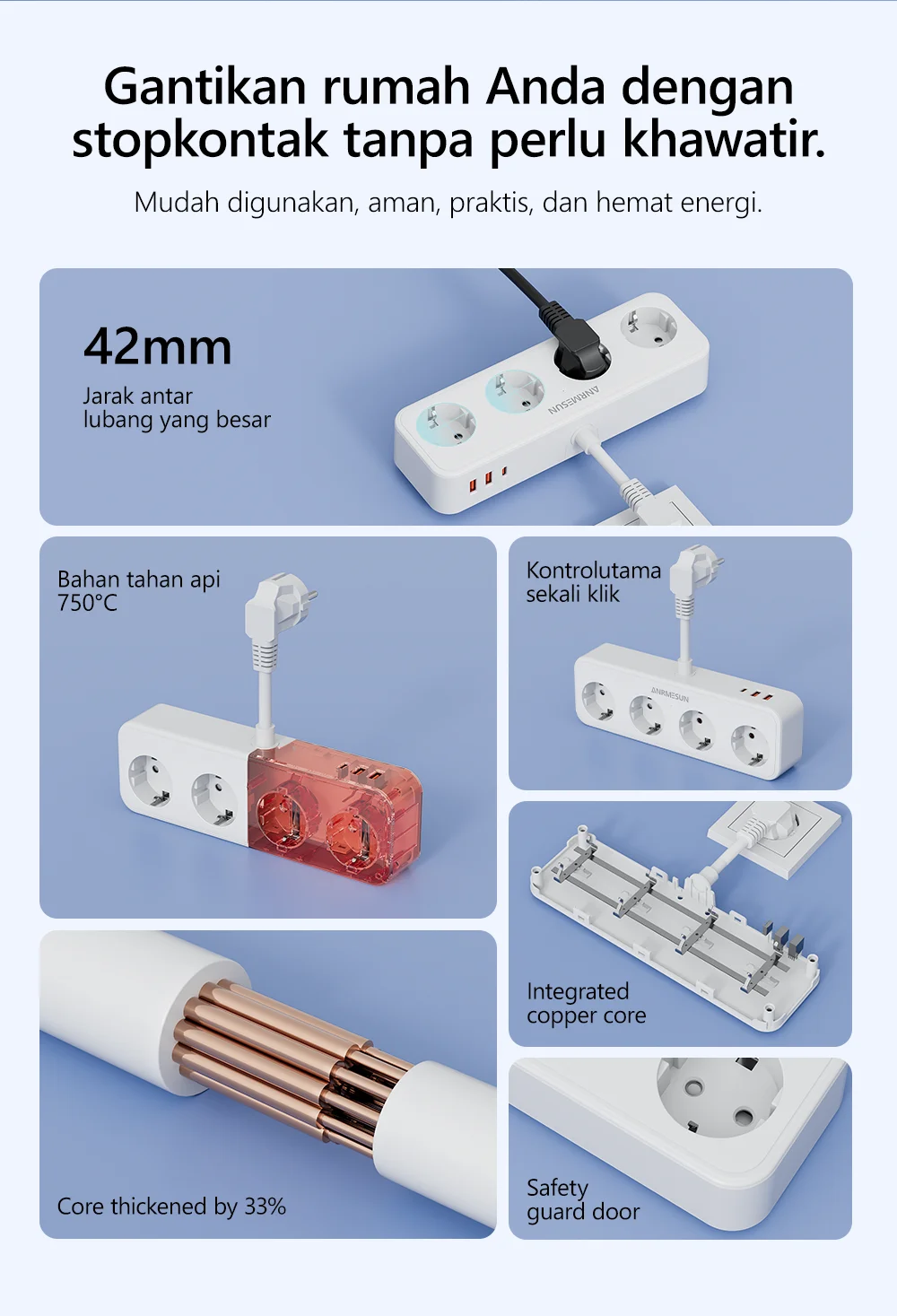 EU Power Strip With 2 USB A And 1 Type C Port 4 AC Outlet Fast Charge Electrical Extension Socket Sf6267d71600843c19bb853d21eab7f9eC