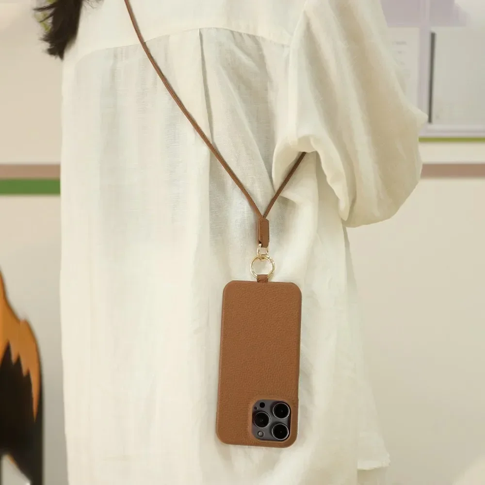Cowhide Genuine Leather Case For iPhone 16 Pro Max 15Pro 11 13 12pro 14Pro 14 Strap Crossbody Lanyard Phone Cover Coque