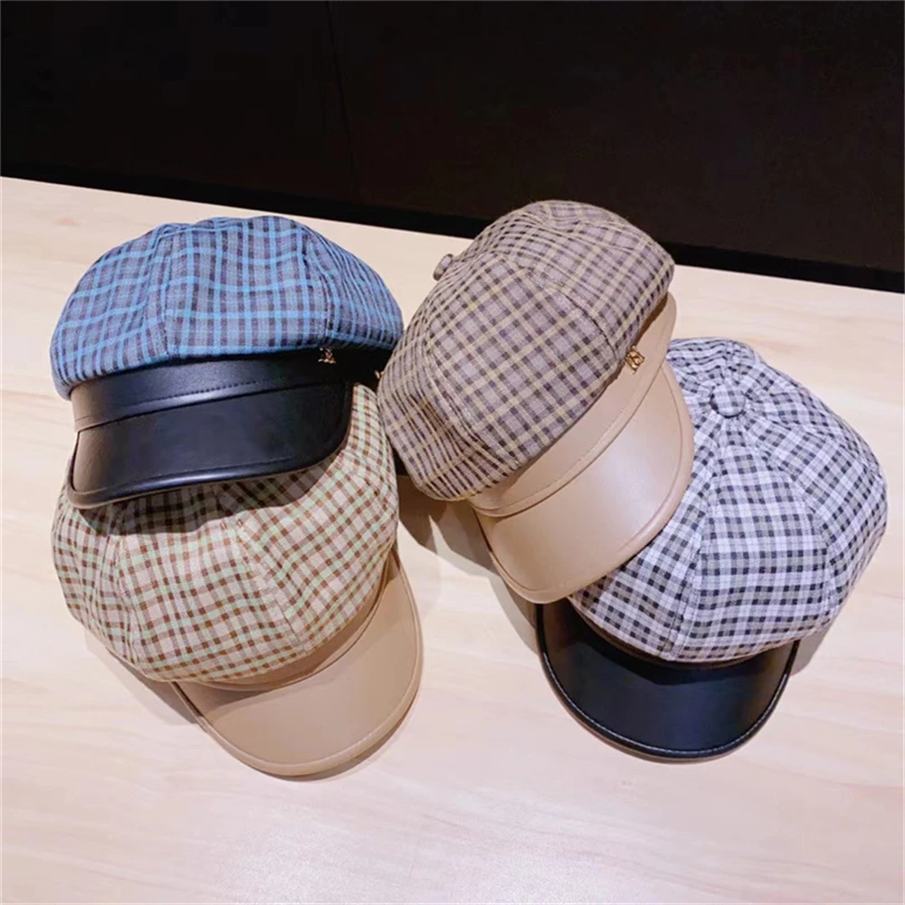 

Retro houndstooth octagonal hat ladies autumn and winter leather stitching Korean edition tide tie-in beret newsboy hat WS-2821