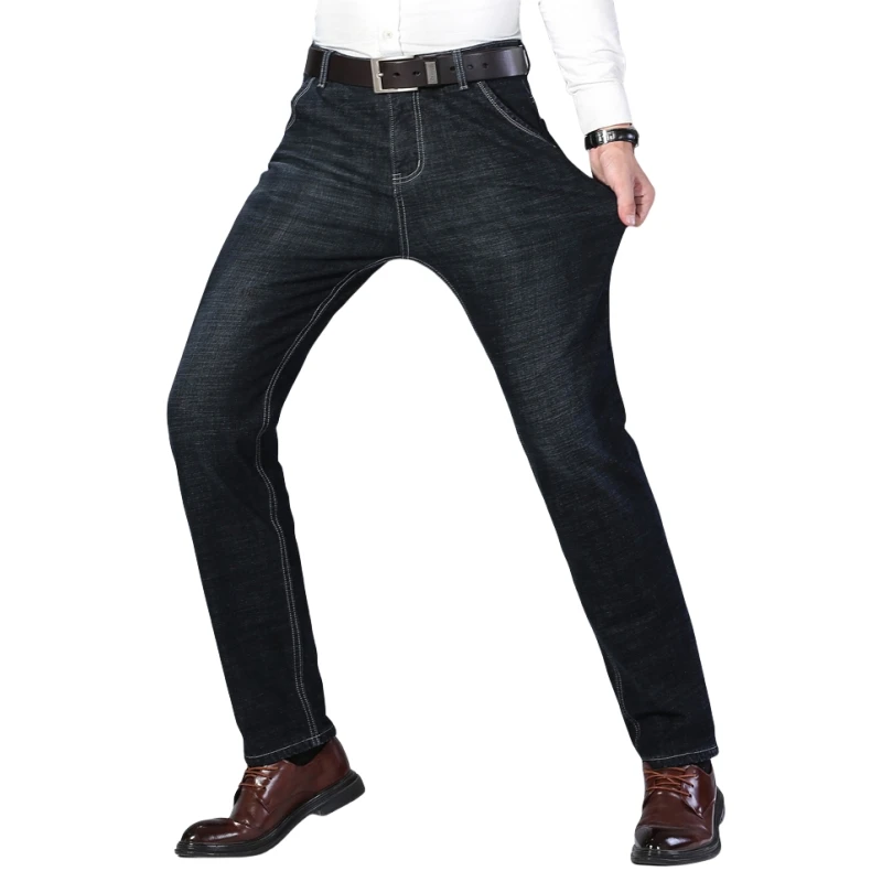 Black Straight Fleece Men Jeans Winter Elasticity Warm Velvet Thick Loose Stretch Denim Trousers Brand Male Fit Pants Baggy