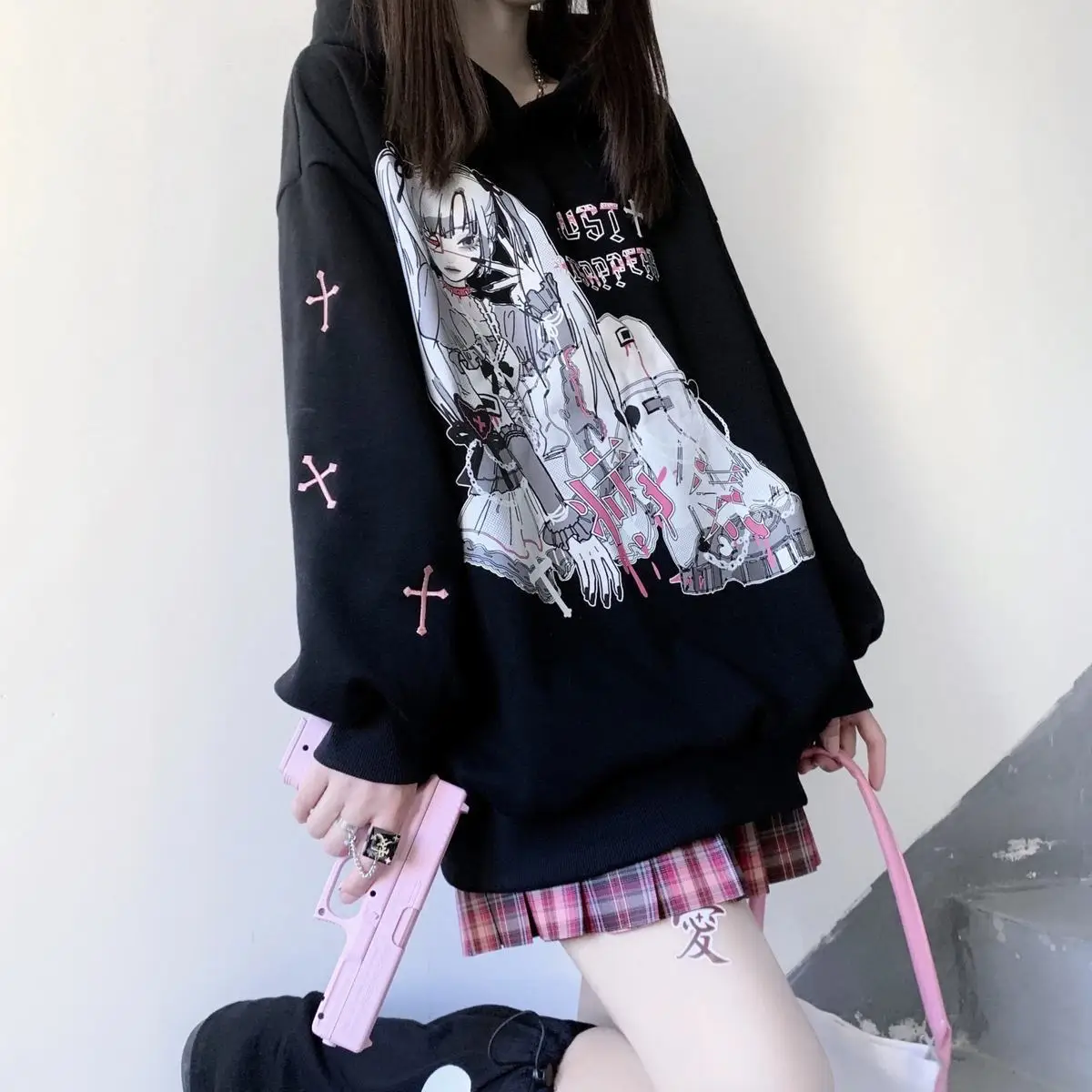 Qweek Kawaii Mulheres Hoodie Goth Impressão De Moletom Manga Longa Tops  Preto Tracksuit Rosa Macio Menina Coreana Anime Punk Roupas 210805 De  $93,72