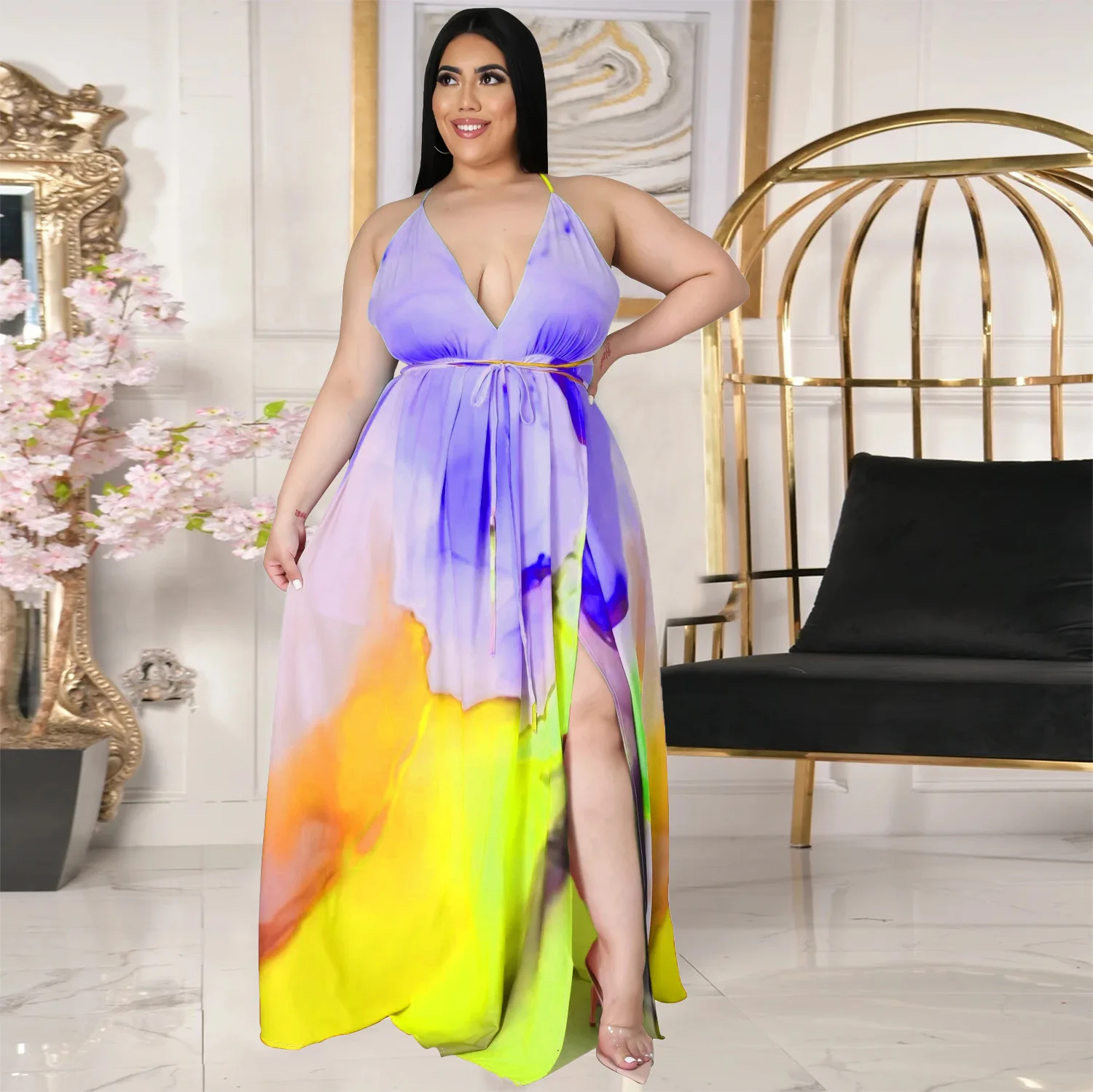 Plus Size Women Party Dresses Tie Dye Chiffon Evening Dress Female Fashion Elegant Belt Split Gowns 2022 Summer Casual Outfit