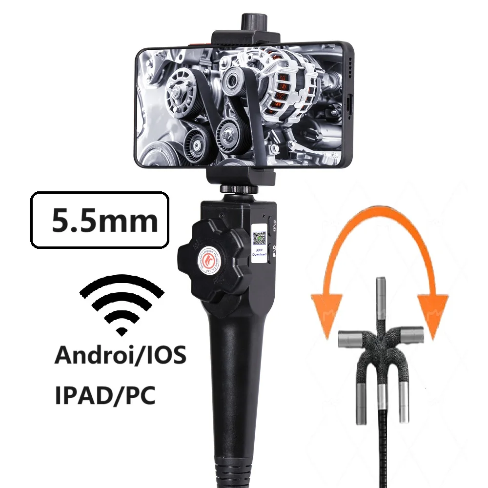 

5.5mm 180 Degree Steering Articulation Industrial Borescope Endoscope Cars Inspection Camera With 6 LED for iOS / Android 5.5MM