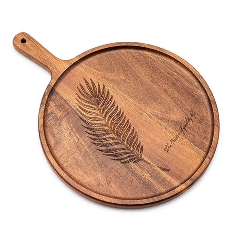 Wood Cheese Board With Handle Round Cutting Board for Pizza Tray Paddle Bread, Cheese Charcuterie, Fruit, Vegetable Steak Trays