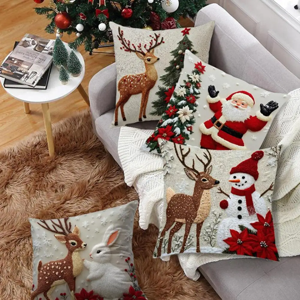 18 Inch Christmas Pillow Cover Santa Reindeer Cushion Cover With Hidden Zipper Tree Snowman Throw Pillow Case For Home Decor