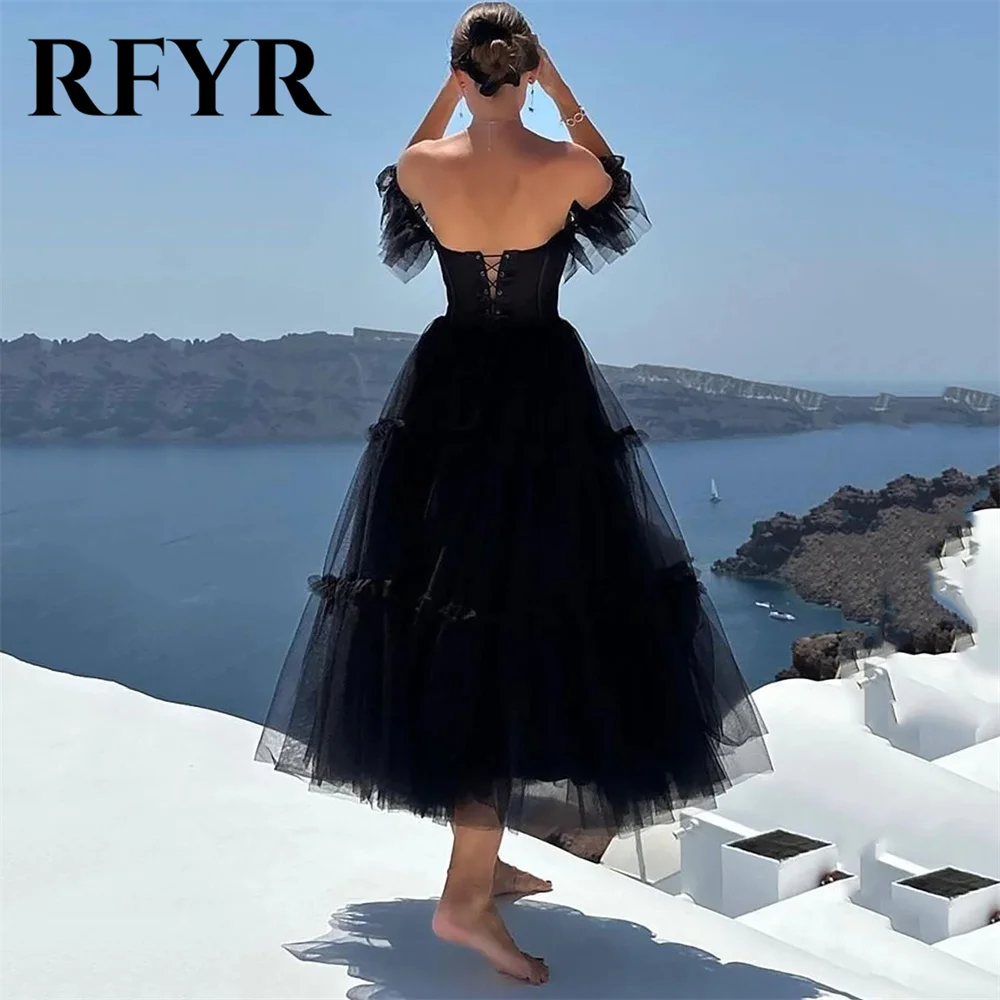 

RFYR Black Evening Dresses Off Shoulder Sweetheart Vestidos De Noche Ruffled Tulle A-Line Prom Dress 2024 Tea-Length Party Dress