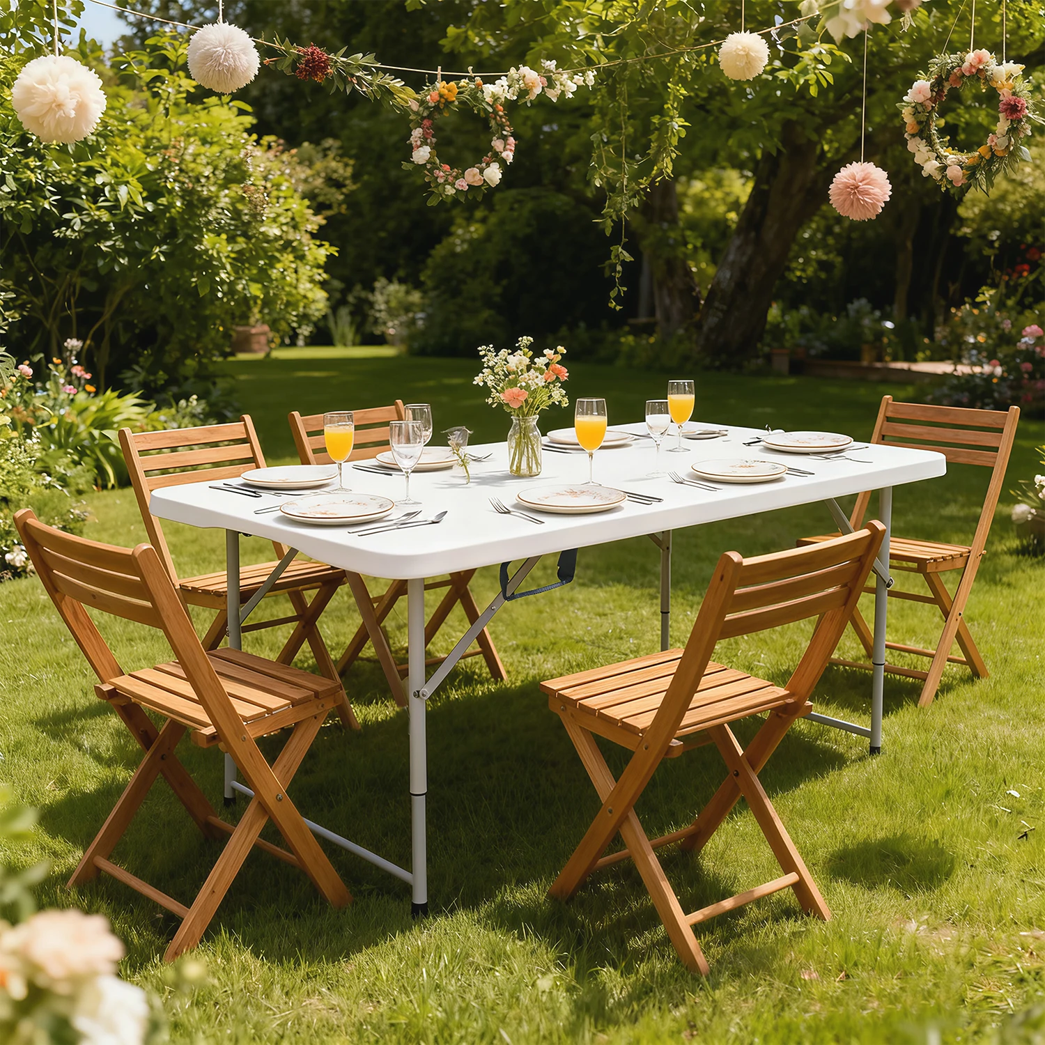 4/6/8FT Foldable Outdoor Dining Table,Heavy-Duty Plastic Party Table,Height Adjustable Legs & Built-in Handle for Parties Picnic