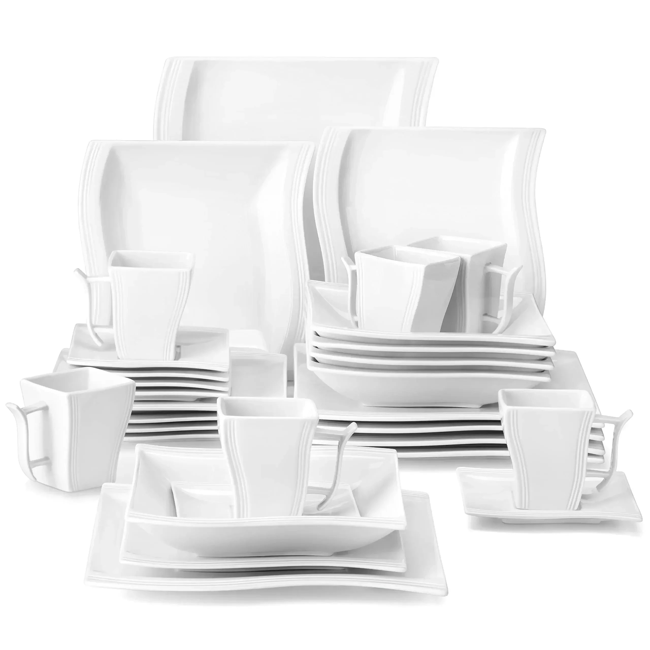 

MALACASA Ivory White Dinnerware Set, 30-Piece Porcelain Dinnerware Sets, Modern Square Dinner Set Plates and Bowls for Dessert,