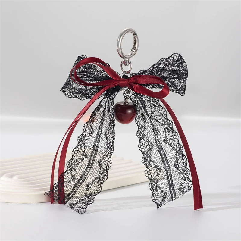 Lace bow Keychain Hollow Red Ribbon Cherry Pendant Women Handbag and Backpack Key Chain Exquisite Ornament Holiday Gift Decor
