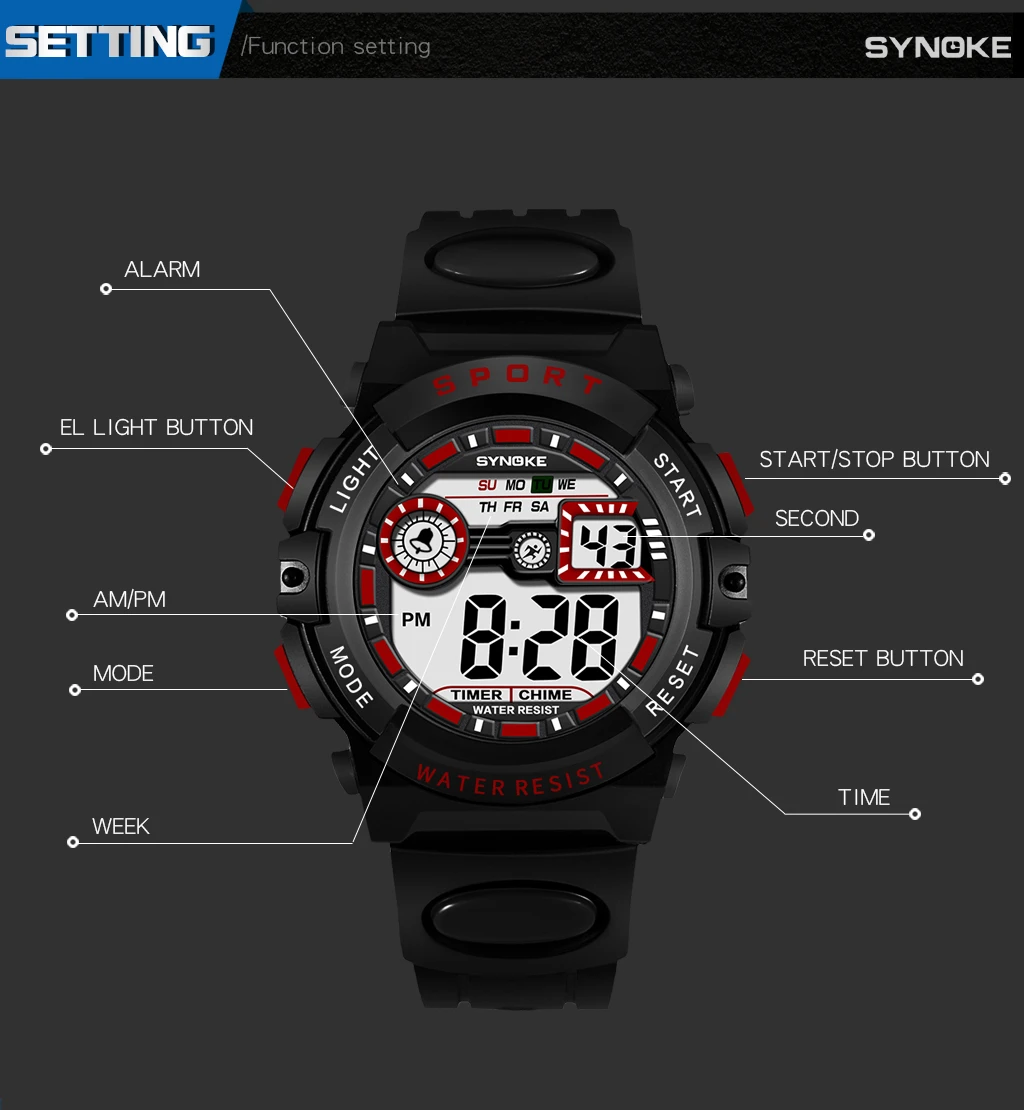 SYNOKE Mens Sports Watches Digital Watch 50M Waterproof Multifunctional Swim Diver Outdoor Wristwatch relogios masculino