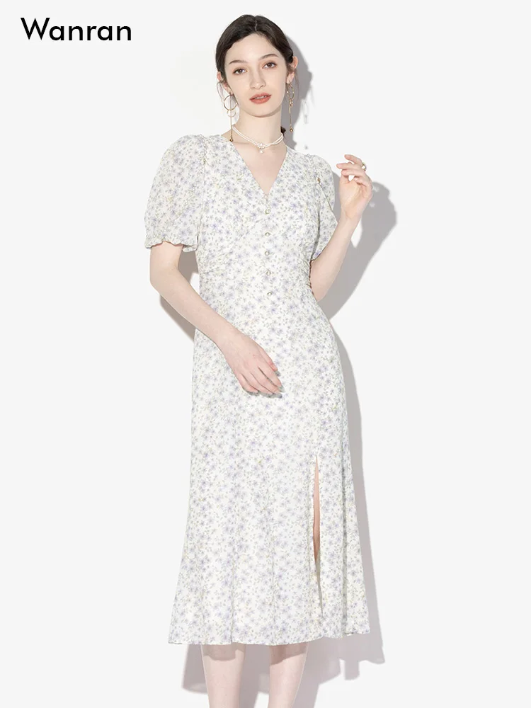 

2023 Summer New Style Temperament French Bubble Sleeves Slim Fit Waist Show Thin Fragmented Flower Dress Long Dress