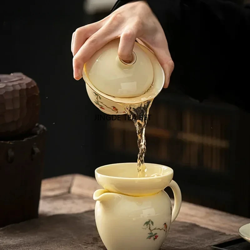 130ml Chinese ceramic tea set hand-painted flower and bird tea bowl handmade kung fu tea set