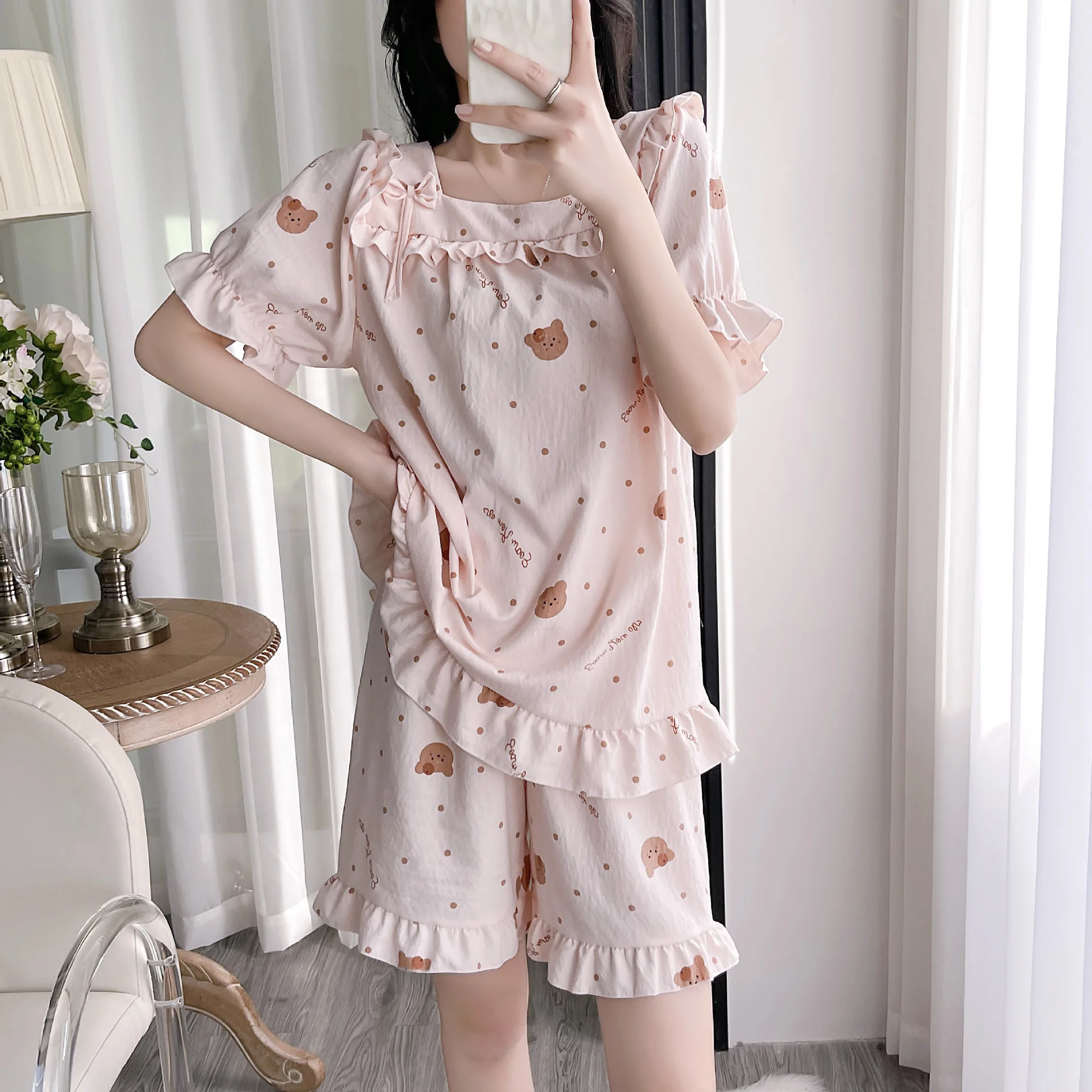 Summer Woman Sweet Kawaii Two-Piece Pajama Set Fashion Bubble Short Sleeve Loungewear Korean Style Shorts Pajamas Clothes