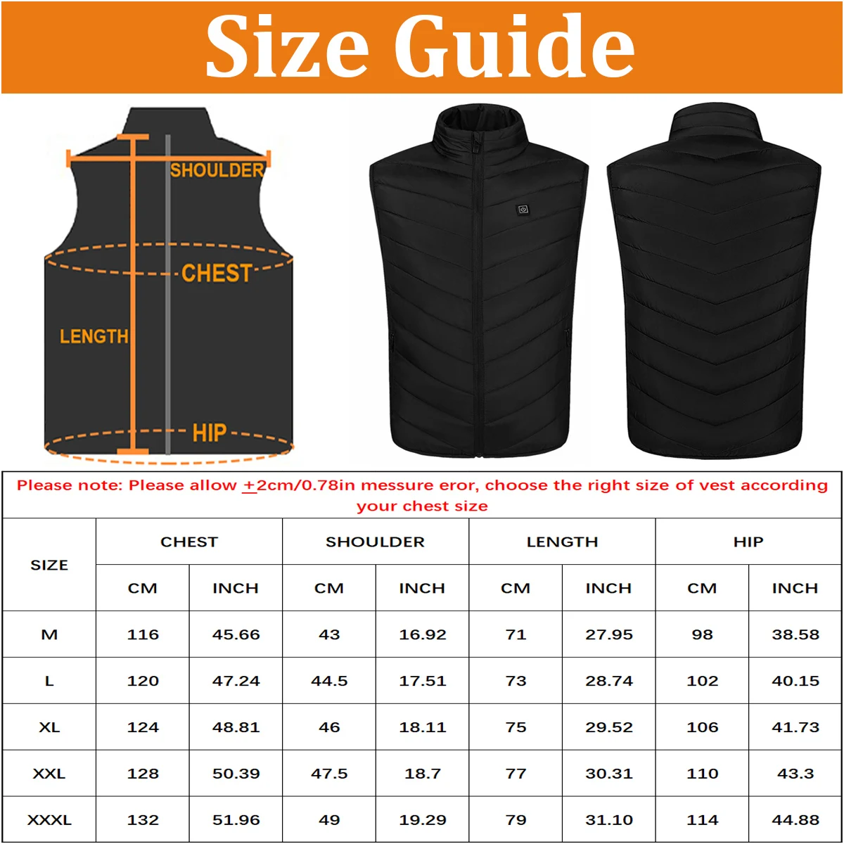 Heated Jacket Heated Vest Men's and Women's Winter Warmer Vest Smart USB Heated Vest with 9 Carbon Fiber Heating Pads 3 Temperature Levels