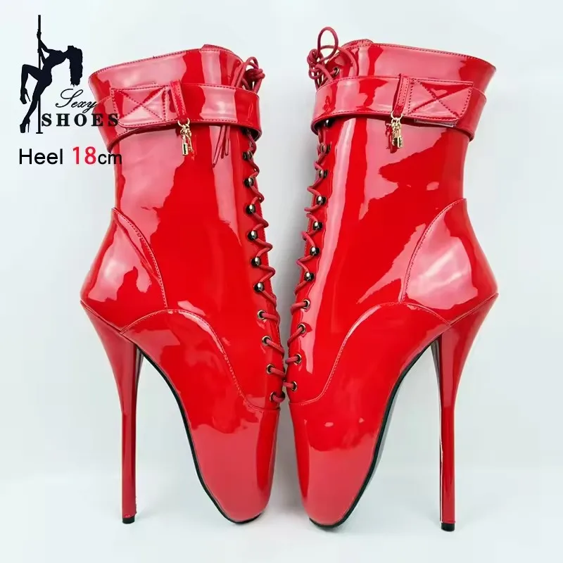 18CM Thin Heel Ballet Boots Red Pointy Toe Short Boots Extreme high heel Women Fetish Sexy Ankle Wrap Strap Nightclub Club Shoes