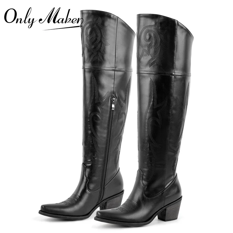 Onlymaker Winter Women's Knee High Boots Black Brown Chunky Heel 5