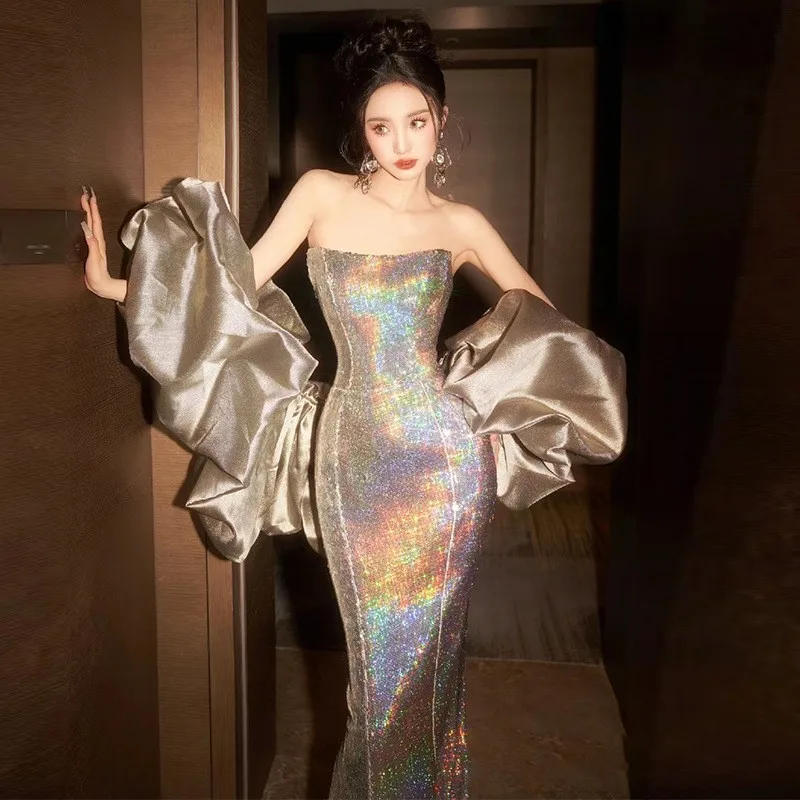 

Fishtail Temperament Banquet Host Dress Tube Top Toast for Women