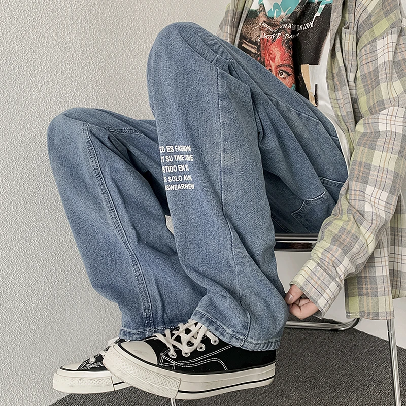 

spring and autumn new men's fashion large size letter printing jeans loose men's solid color jeans trend casual jeans