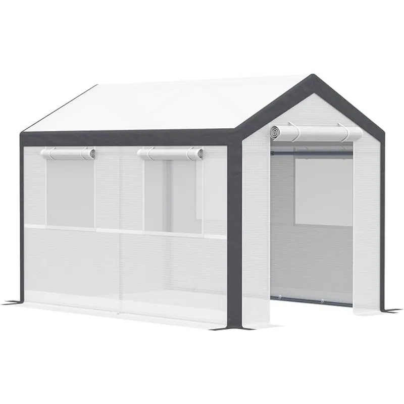 10' x 7' x 7' Greenhouse, Walk-in Outdoor Tunnel Green House with PE Cover, Steel Frame, 2 Roll-Up Zipper Doors & 4 Windows
