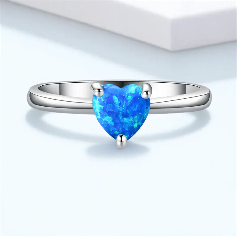 Blue Fire Opal Love Heart Stone Rings For Women Vintage Silver Color Engagement Promise Bands Wedding Jewelry Mother's Day Gifts