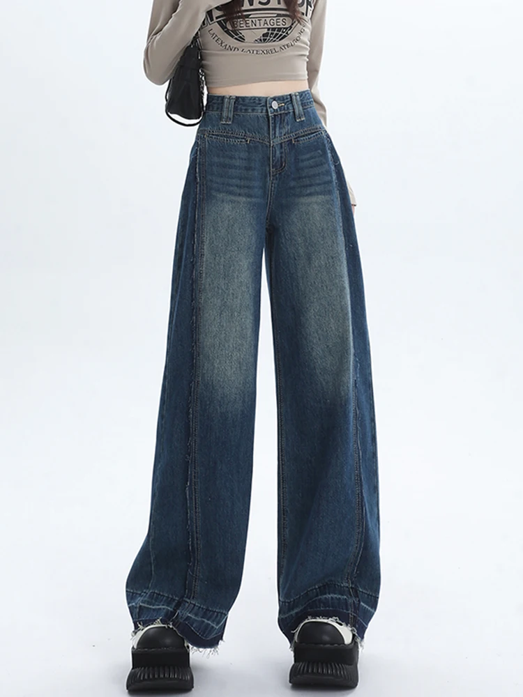Vintage Ripped Blue Straight Jeans Women High Waist Wide Leg Stylish Patchwork Baggy Pants Loose Casual Denim Trousers Female