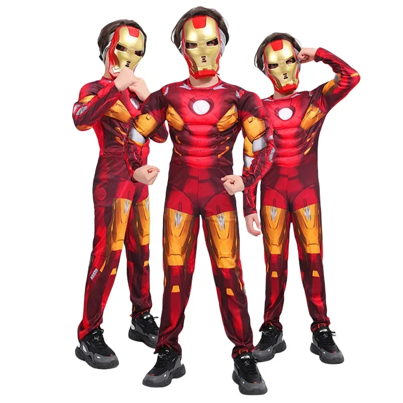 Kids Iron Man Muscle Costume Superhero Iron Man Cosplay Costume Jumpsuit Mask Gloves Halloween Birthday Bodysuit for Boy Gifts