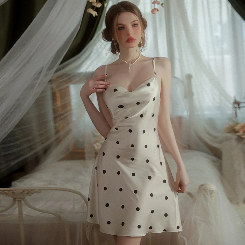 

Сексуальный мусс, летняя новинка, женская ночная одежда в горошек, однотонное атласное платье на бретельках для девочек, комплект одежды для сна, домашняя одежда