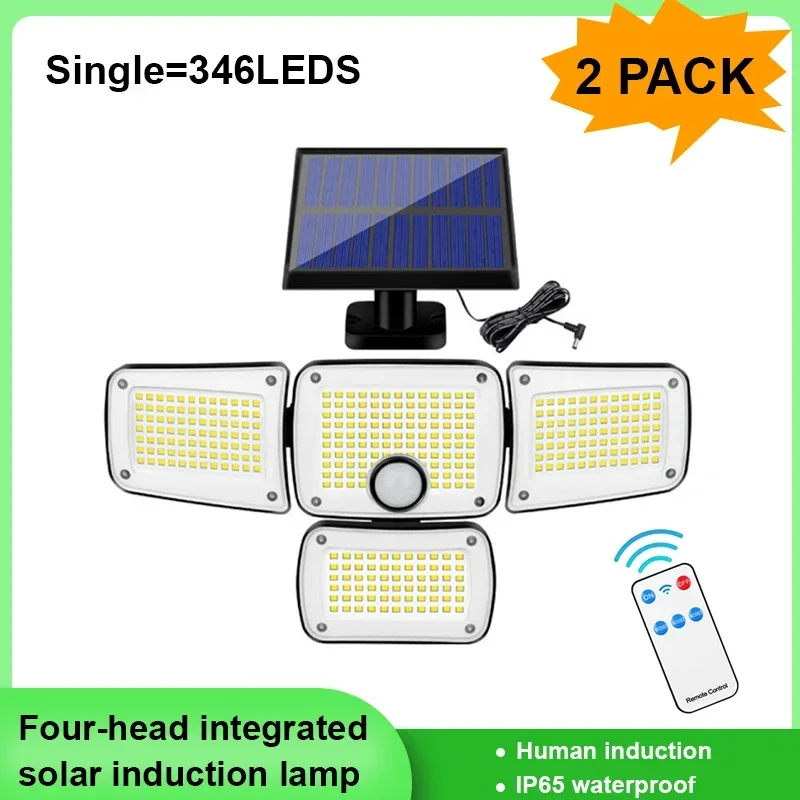 3000LM 270° Wide Angle 4 Heads LED Flood Lights, IP65 Waterproof Wall Lights, Solar Panel Remote Control Solar Lights Outdoor