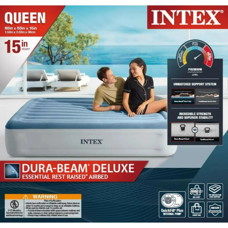 Intex 15" Queen Essential Rest Dura-Beam Airbed Mattress with Built in Pump 2
