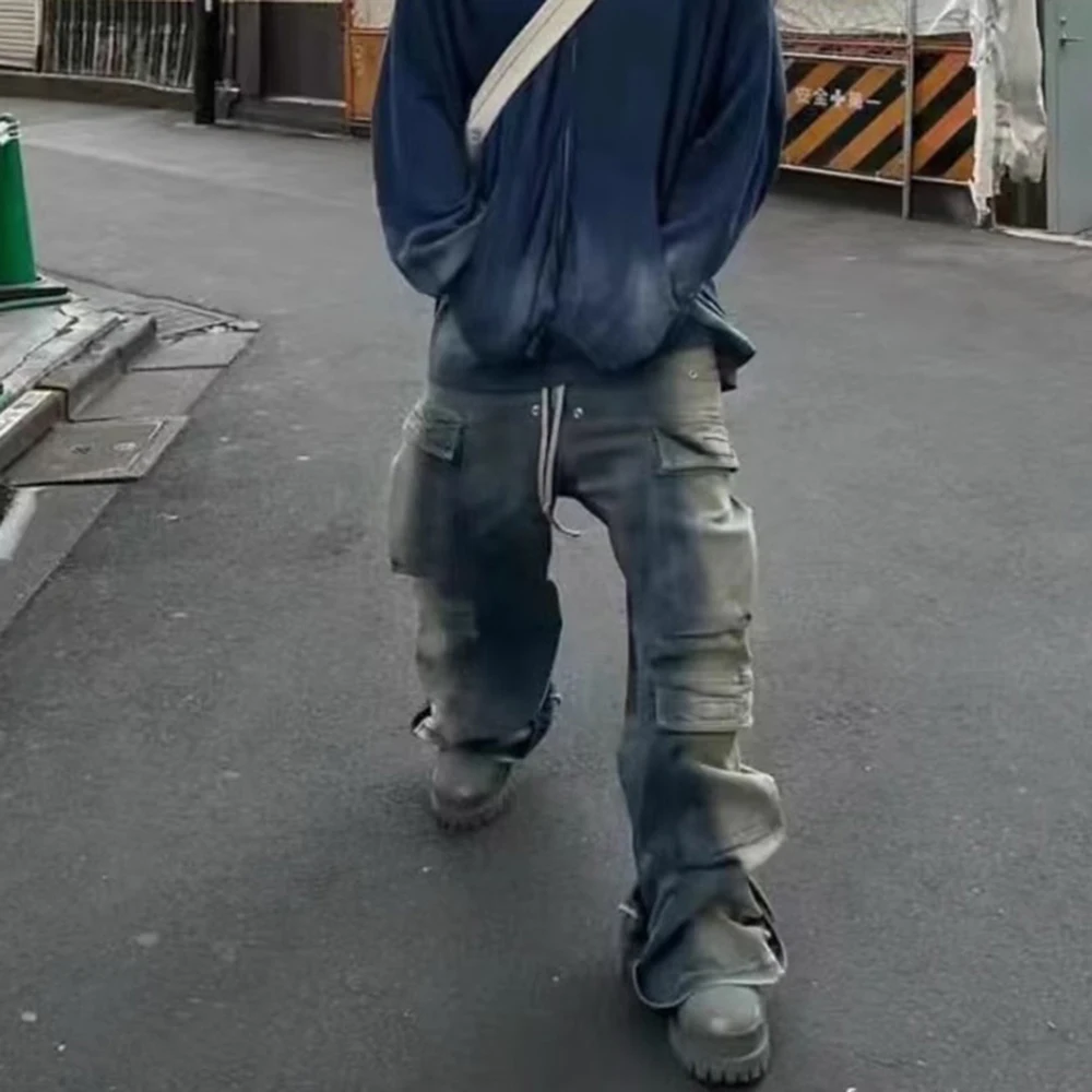 RO Style Gradient Ribbons Multi-pockets Drawstring Jeans for Men Harajuku Streetwear Baggy Y2K Denim Trousers Oversized Cargos 3