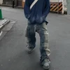 RO Style Gradient Ribbons Multi-pockets Drawstring Jeans for Men Harajuku Streetwear Baggy Y2K Denim Trousers Oversized Cargos 3