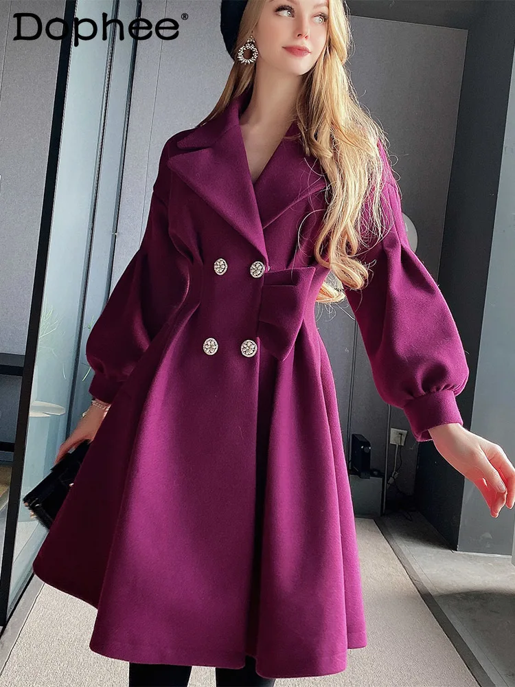 

Trench Coat for Women 2023 Autumn and Winter Rose Purple Elegant Lady Waist Slimming Double Row Ddiamante Buckle Woolen Coat