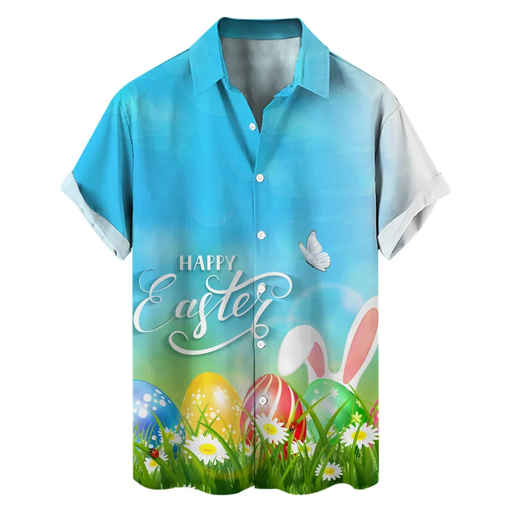 thumbnail image 1 of Camisas hawaianas con estampado 3D de huevos de conejo y dibujos animados para el día de Pascua, ropa de playa para mujer, camisas kawaii para niños, blusas con botones, 1 of 5
