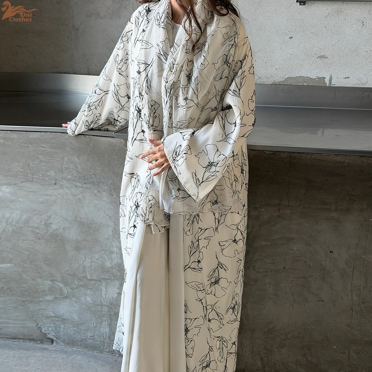 Zahraa 2026 Summer Arabic Women Muslim Clothes Ramadan Dubai Open Abaya Dress with Hijab Islam Printed Chiffon 2-Piece Outfit 1