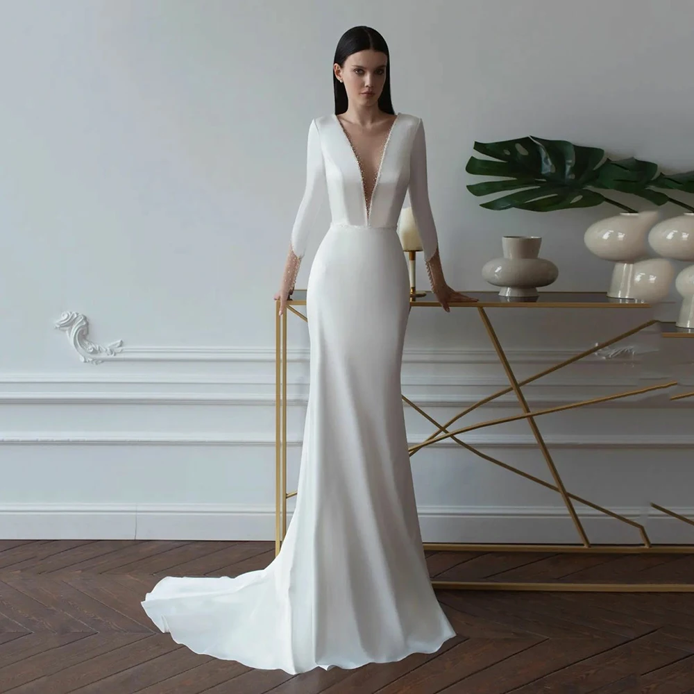 

UZN Ivory Satin Mermaid Wedding Dress V-Neck Long Sleeves Beading Wedding Dresses Open Back Bridal Gowns 2023 Robes De Mariée