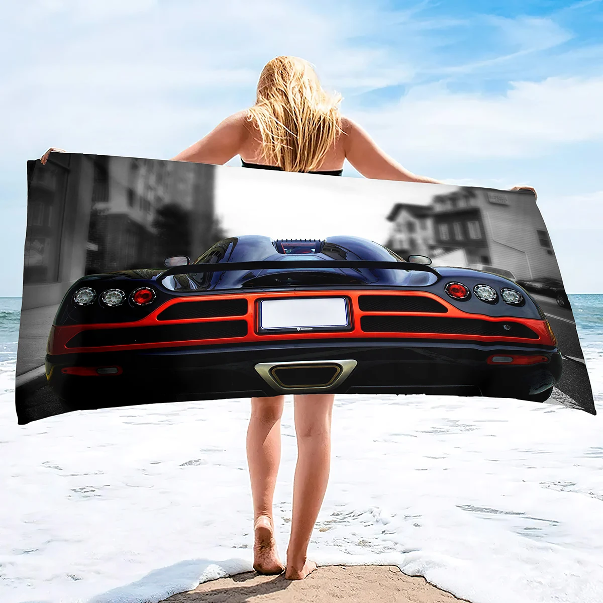 Auto Sports Cars Pattern Beach Towel Soft Microfiber Absorbent Lightweight Quick Dry for Pool Swimming