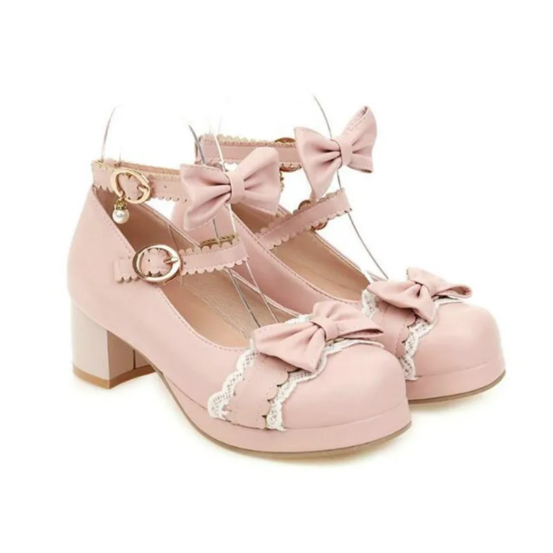 

Size30-43Girls Leather Shoes Mary Janes Shoe Bowknot Princess Ruffles Sweet Lolita Wedding Party Dress Cosplay Women High Heels