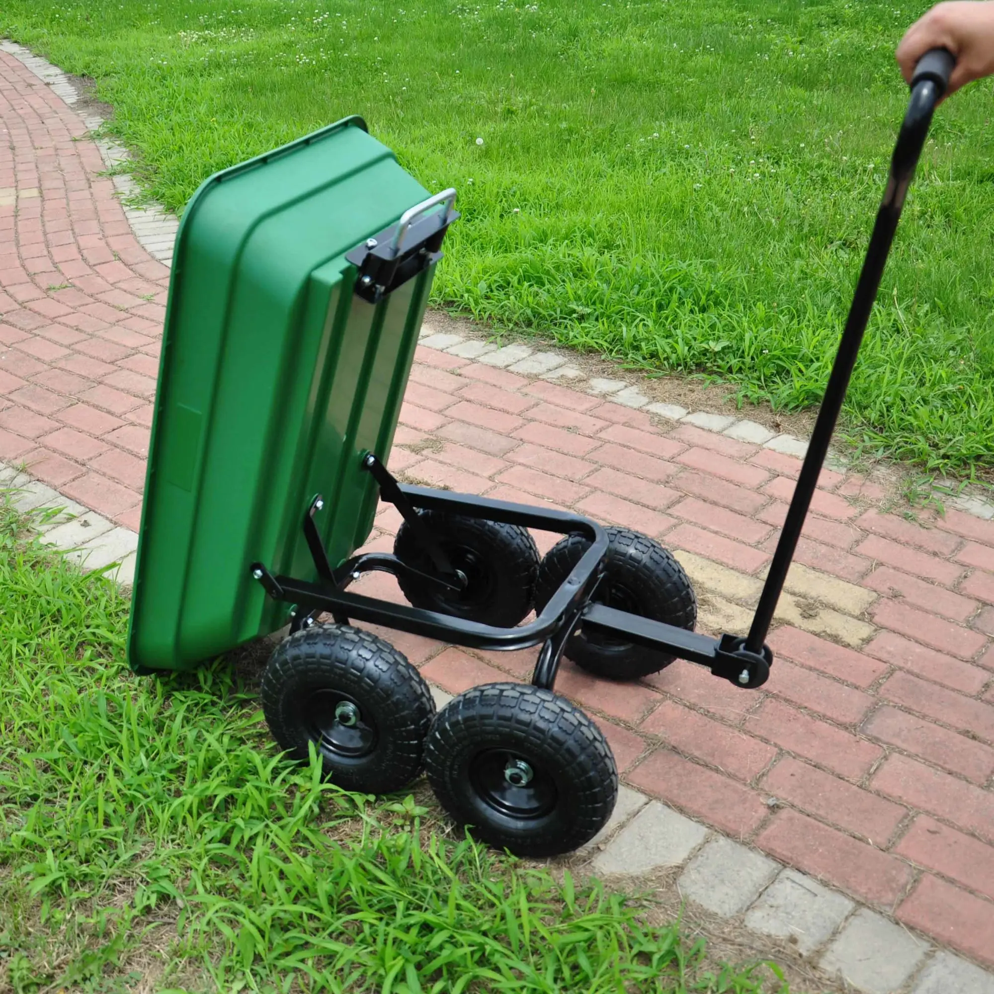 300 lb capacity body 55L Green Pneumatic tire, Folding car Poly Garden dump truck with steel frame, 10 inches.