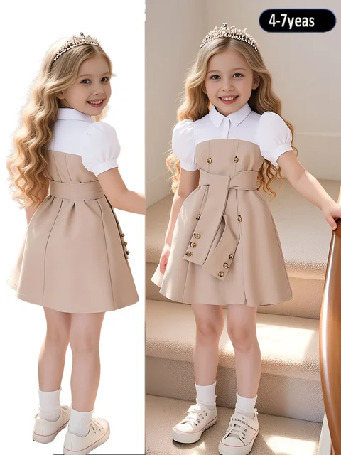 Robe princesse à manches bouffantes pour filles de 4 à 7 ans, col Peter Pan d'été, bloc de couleurs, ton terre, Durable pour l'extérieur 1