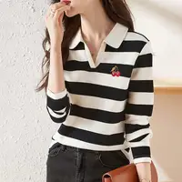 Women Korean Fashion Striped Print Elegant Polo Collar T-shirt Spring Autumn Female Casual Long Sleeve Loose Chic All Match Tops - Image 6