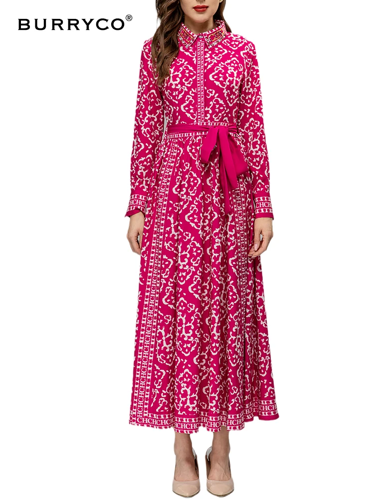 

Burryco Women'S New 2023 Spring And Summer Long Models Thin Lapels Long-Sleeved Printed Dress With Belt