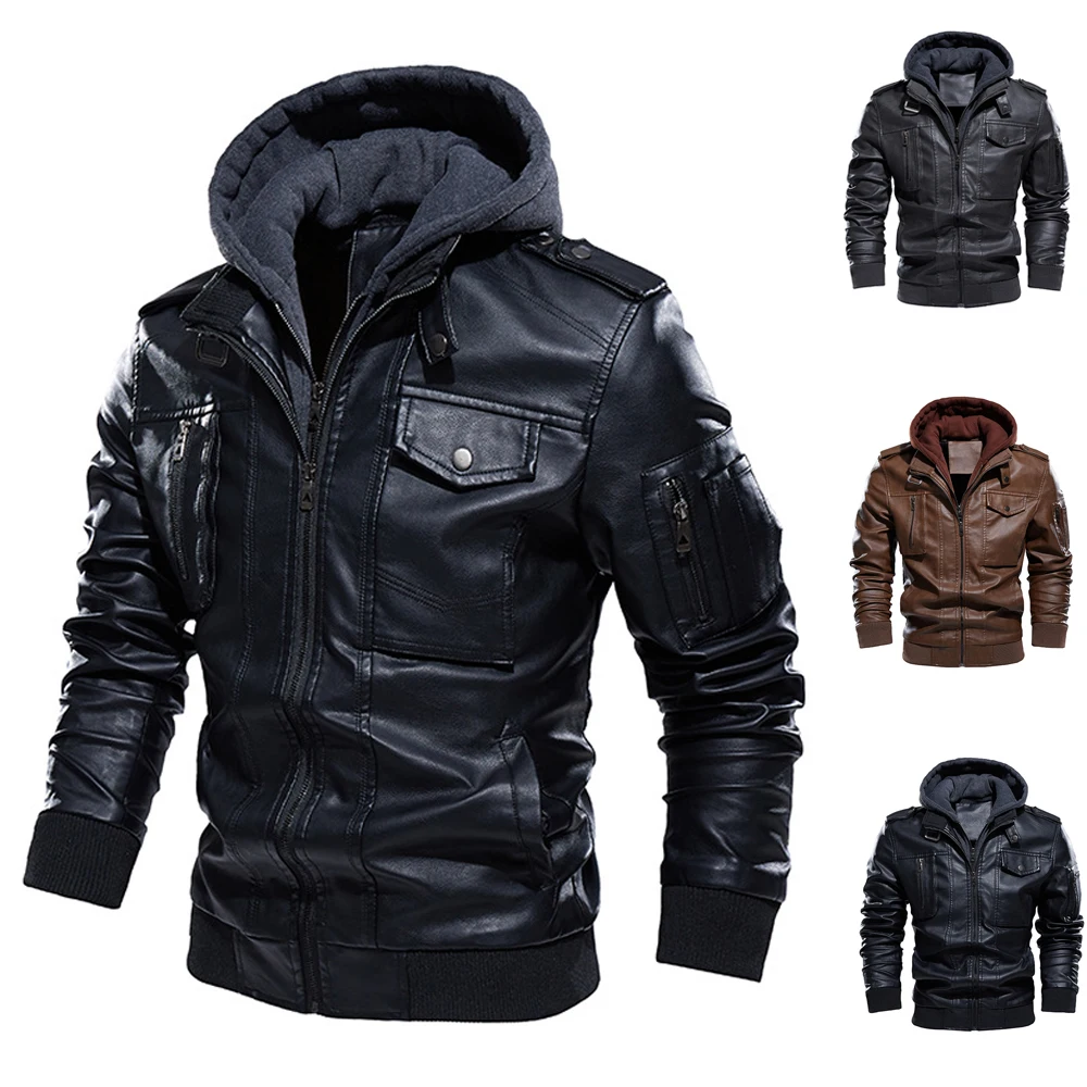 Men's Motorcycle Leather Jacket Male Artificial Leather Clothing  Autumn/Winter Bomber Faux Pu Ourwearing Biker Hood Fleece Coat