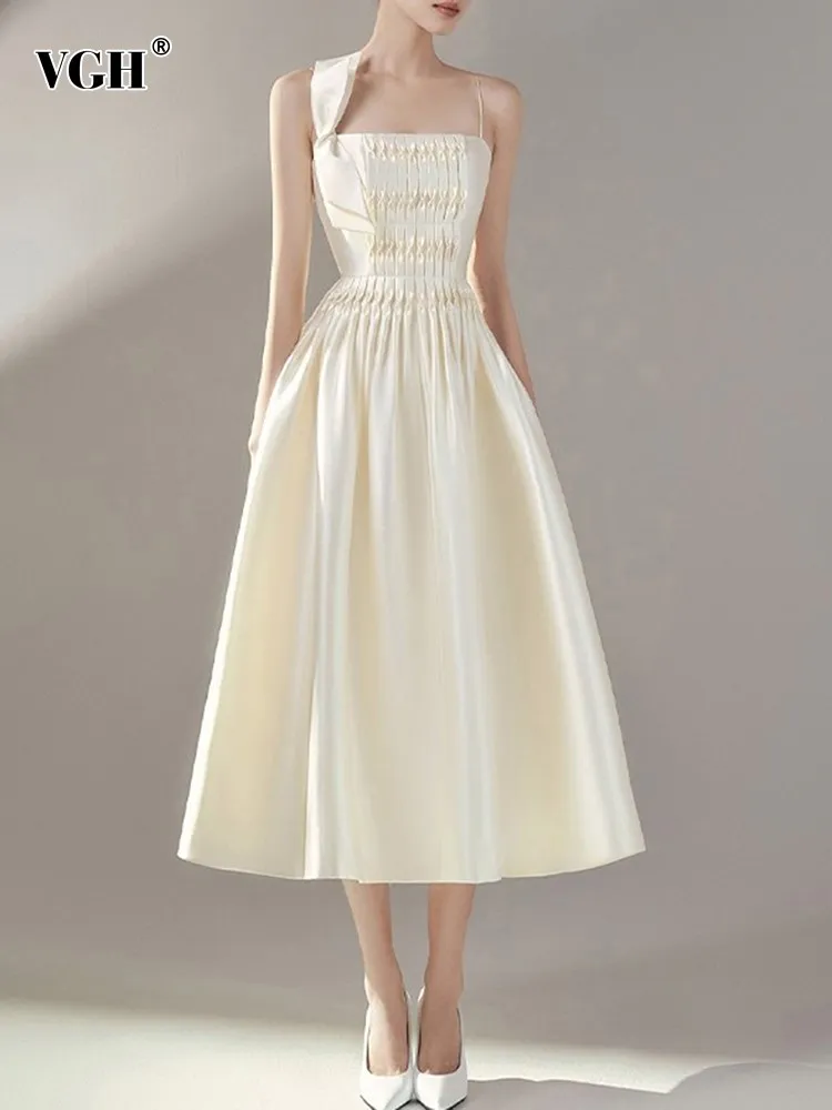 

VGH solid Spliced Bowknot Dresses For Women Square collar Sleeveless high waist Backless Folds slimming Dress Female fashion new