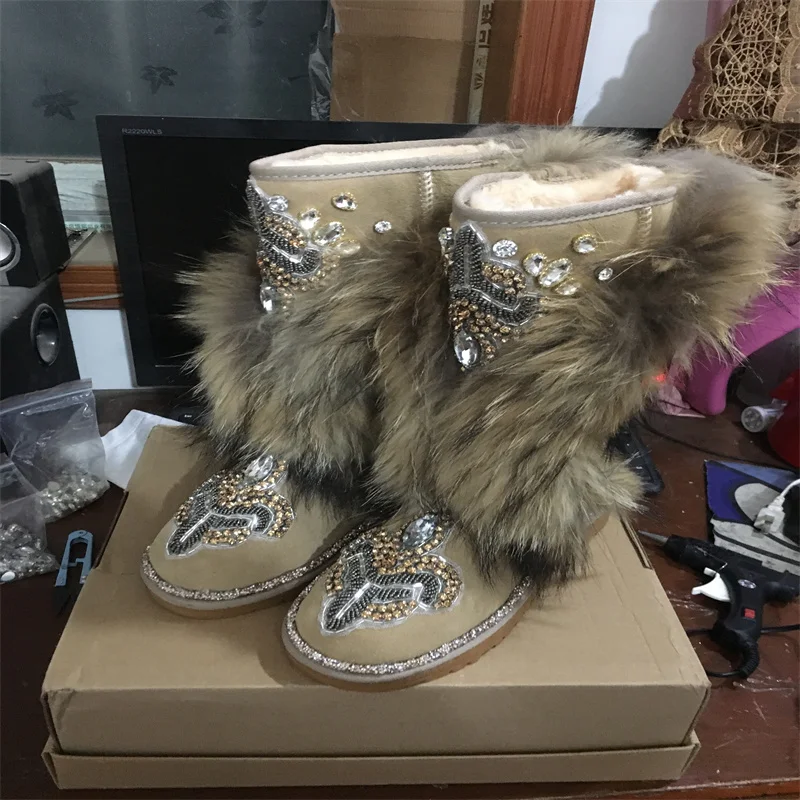 

Beaded fox fur hand custom winter plus fleece warm boots rhine-drill fur one-piece boots women's large size 35-44