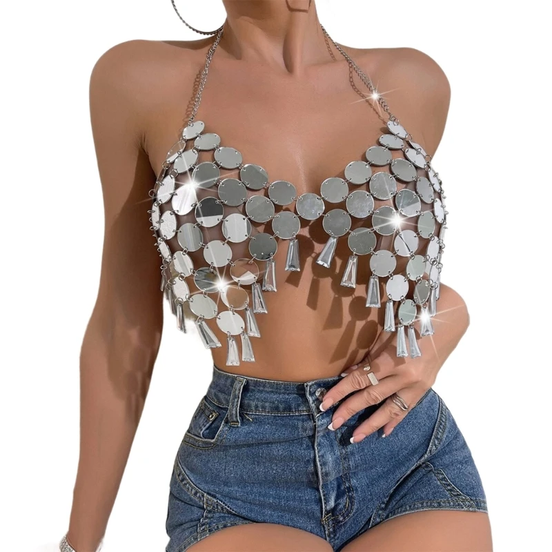 

Women Sequins Halterneck Crop Top Sexy Backless Tassels Nightclub Beach Vests