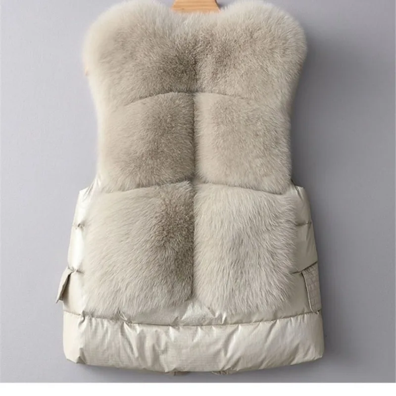 2024 New Women Short Temperamental Slim Fit Faux Fur Vest Female Fashion Patchwork Imitation Fox Fur Waistcoat Casual Down Tops